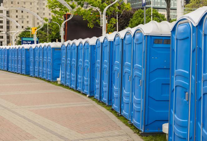 hygienic portable restrooms lined up at a music festival, providing comfort and convenience for attendees in Beulah